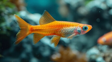  A close-up photo of a goldfish in an aquarium with other fish swimming and rocks in the backdrop