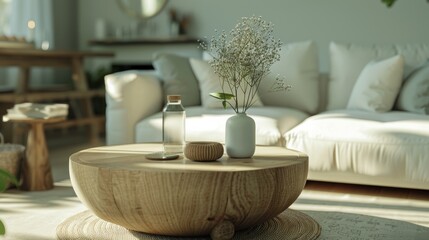Sunny living room with natural decor, serene ambiance, minimalistic design, comfortable furniture.