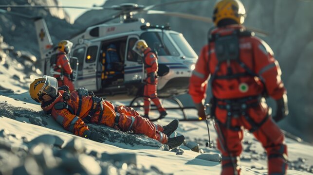 Mountain rescue team with helicopter, critical emergency, first aid, alpine landscape.