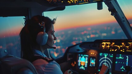 Pilot in cockpit at twilight, focused and confident aviation professional.