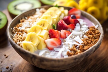 Photo of a tropical smoothie bowl topped with fresh fruits, coconut flakes, and granola, perfect for a Tropical vacation-themed food and beverage experience