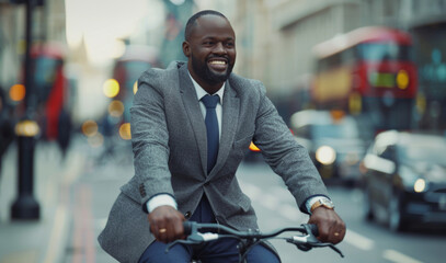 Businessman riding a bicycle in the city, smiling, sustainable transport.
