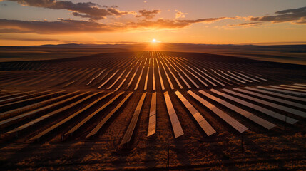 Image of solar panel field at sunset. Alternative and renewable energies, climate emergency concept