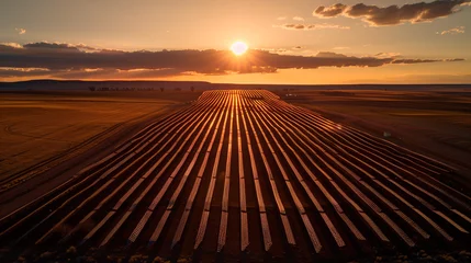  Image of solar panel field at sunset. Alternative and renewable energies, climate emergency concept © pintxoman