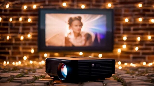 A close-up 4K shot of a portable projector displaying a crystal-clear movie image on a textured brick wall in a backyard. 