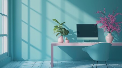 Fototapeta premium Tranquil 3D minimalist workspace, soothing colors