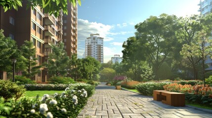 Situate the apartment complex within an open space, suggesting a new development area. 