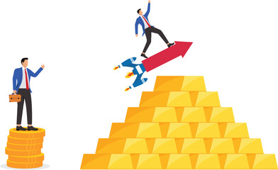 Fast Money, Economic Fast Food, Business Advantage, Quickly Increase Profits or Operating Income, Businessman Watches Colleagues Ride Rockets to Higher Piles of Gold Quickly