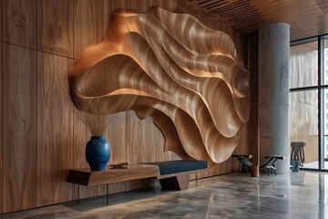 The lobby of the building features a stunning hardwood wall with a beautiful wood stain. A blue vase sits on the floor next to a fawn sculpture