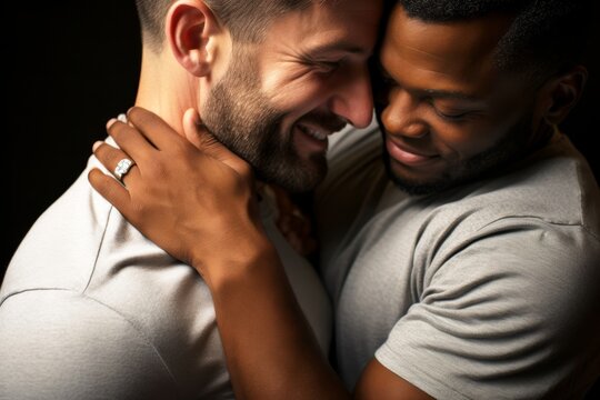 
Close-up image of a gay couple's heartfelt proposal, with one partner holding an engagement ring and the other partner embracing them tightly, their love evident in their expressions.
