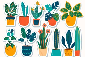 Stickers of plants in pots on an isolated background. Eco concept