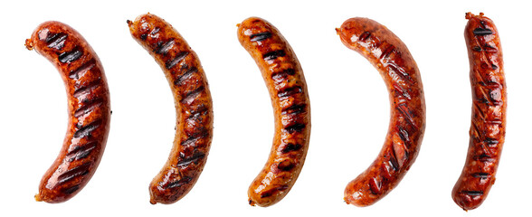 Tasty grilled sausages on isolated on transparent background - obrazy, fototapety, plakaty