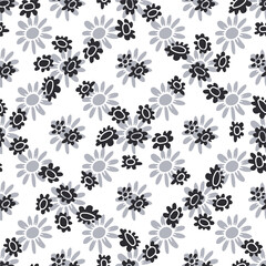 Monochrome seamless pattern with abstract retro wild flower blooms on gray background. Vintage ditsy floral digital paper