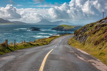 Road along the scenic coast of western Ireland. Slea Head, Dingle peninsula, County Kerry. 