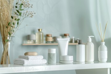 Fototapeta na wymiar Spa and wellness products on a white shelf. Bathroom interior. No text, no labels