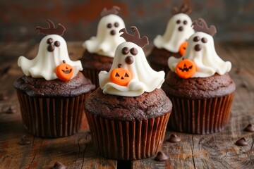 Spooky Halloween chocolate cupcakes with sweet ghosts and pumpkins . Sweets for Halloween on a wooden table