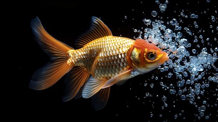  Goldfish close-up in bubble-filled aquarium