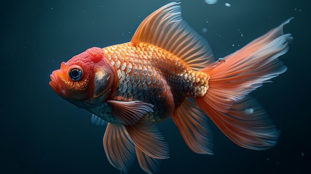  A close-up photo of a goldfish in dark blue water with bubble marks on its head