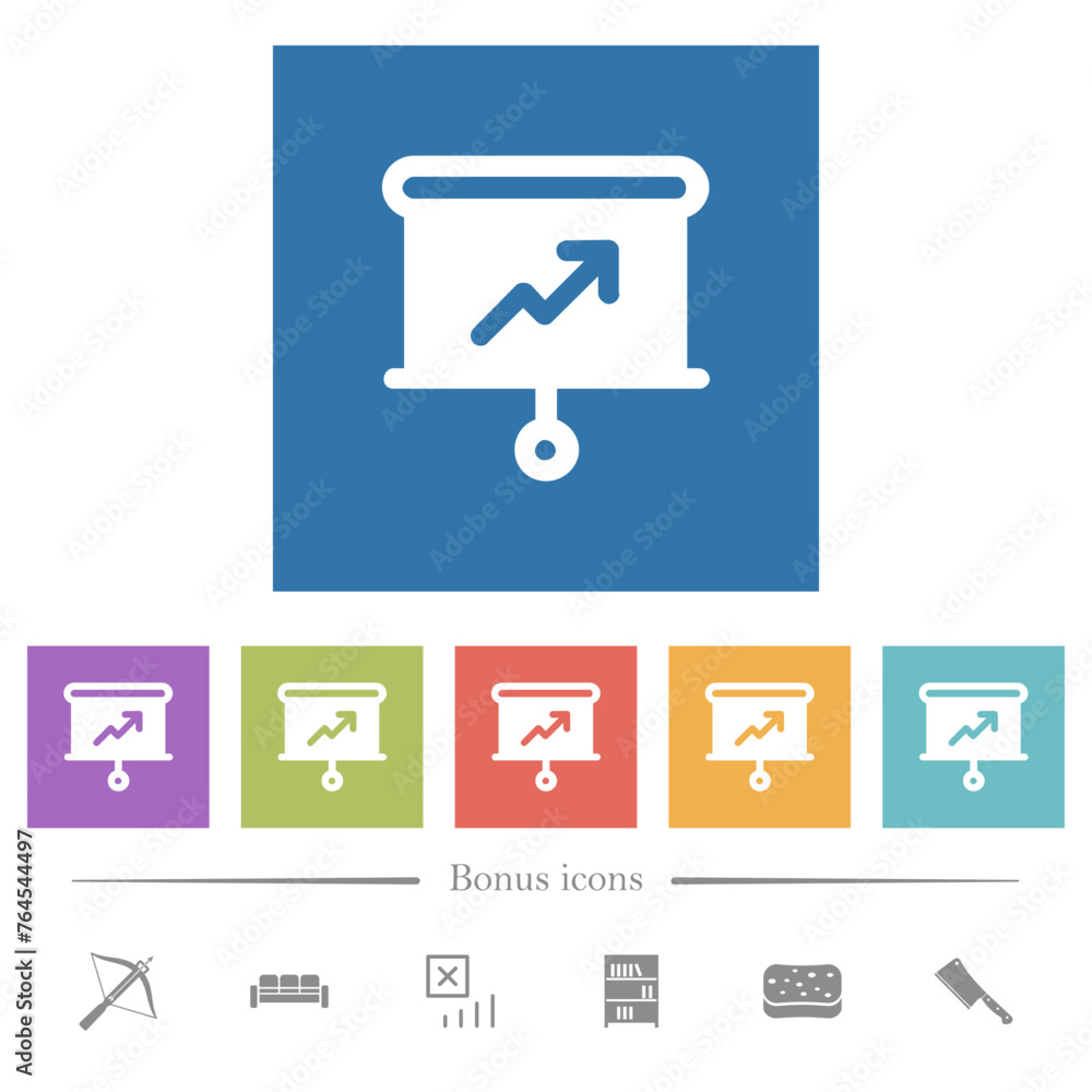Poster presentation graph projection solid flat white icons in square backgrounds