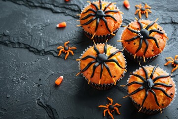 Spooky Halloween spider muffins for children. Top view over a dark slate background. Happy Halloween with original sweets