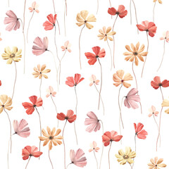 Seamless floral pattern with abstract colorful wildflowers, watercolor isolated illustration for textile or wallpapers, delicate hand painting flowers red, pink, yellow and orange colors.