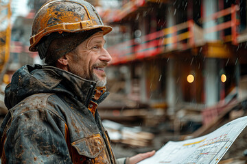 Engineering Consulting People on construction site holding blueprint in his hand. Construction site check drawing and business workflow of new building