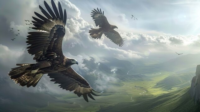 An eagle soaring majestically over a breathtaking mountain landscape with a flock of birds in the distance