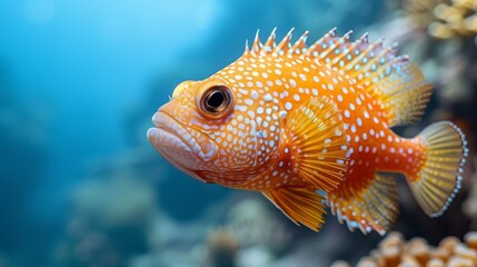  A photo of a close-up, yellow/white fish near coral amidst blue water & corals