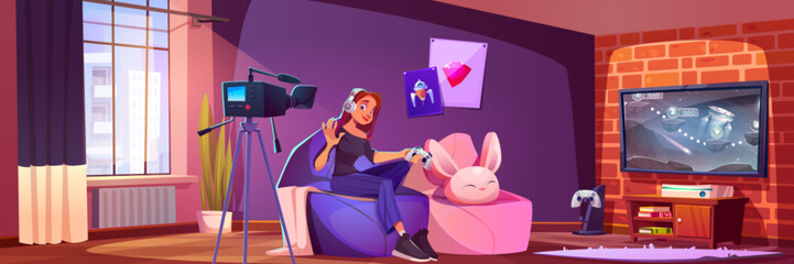 Woman streamer with gamer console setup in room. Professional player girl in home studio with video camera broadcast vlog on television. Teenager person streaming cybersport gaming with equipment