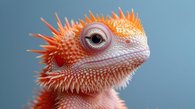  A macro of a lizard's face featuring spiky crest against a backdrop of azure sky