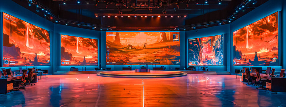 Cyber Esports Arena, Competitive Gaming Stage with Dramatic Lighting and Players