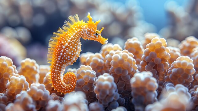  A clear photo of a sea horse atop an anemone in the ocean