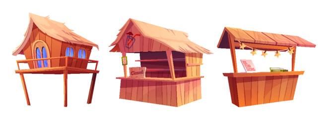Beach buildings - vacation house, tiki bar and shack with excursion offer. Cartoon vector illustration set of wooden huts with straw roof for sea or ocean shore landscape design for summer concept. - obrazy, fototapety, plakaty