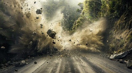 A landslide, stones are falling. Mountain road. Danger to life. The concept of natural disasters