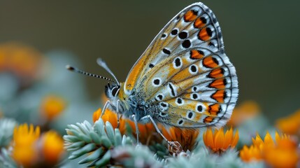   a butterfly perched on a flower, surrounded by vibrant orange and white blossoms against a blurred green backdrop