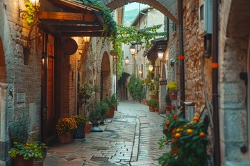 Fototapeta na wymiar Beautiful medieval street in Assisi, Umbria, Italy. Beautiful large European streets are reminiscent of the beginning of summer vacation and summer adventure