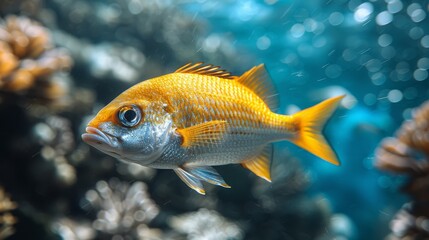  A photo of a fish, zoomed in on its face, surrounded by coral and water in an aquarium