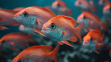  A school of orange fish gracefully moving through a vivid blue ocean, surrounded by lush coral reefs - obrazy, fototapety, plakaty