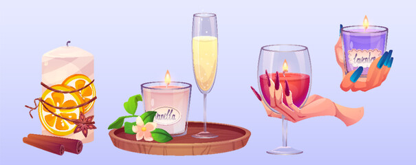 Scented candle for spa aroma therapy. Cartoon vector illustration set of aromatic wax candlelight in glass holder and in women hands, lavender and vanilla flavor, with cinnamon and orange decorations. - obrazy, fototapety, plakaty