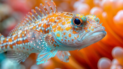  A close-up of an orange-blue spotted fish against a coral backdrop