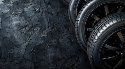 Car tires on black background. Top view with copy space. Seasonal replacement of tires. Car care...