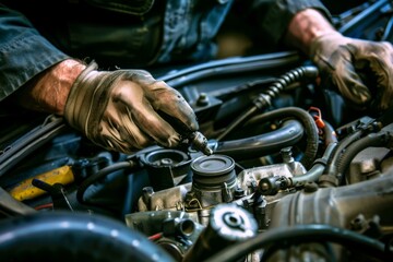 Close-up of mechanic hands repairing car engine in auto repair shop 