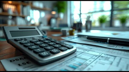 Spreadsheet calculator and charts on a desk, depicting tax, mortgage, debt, and household finances. Animated 3D illustration