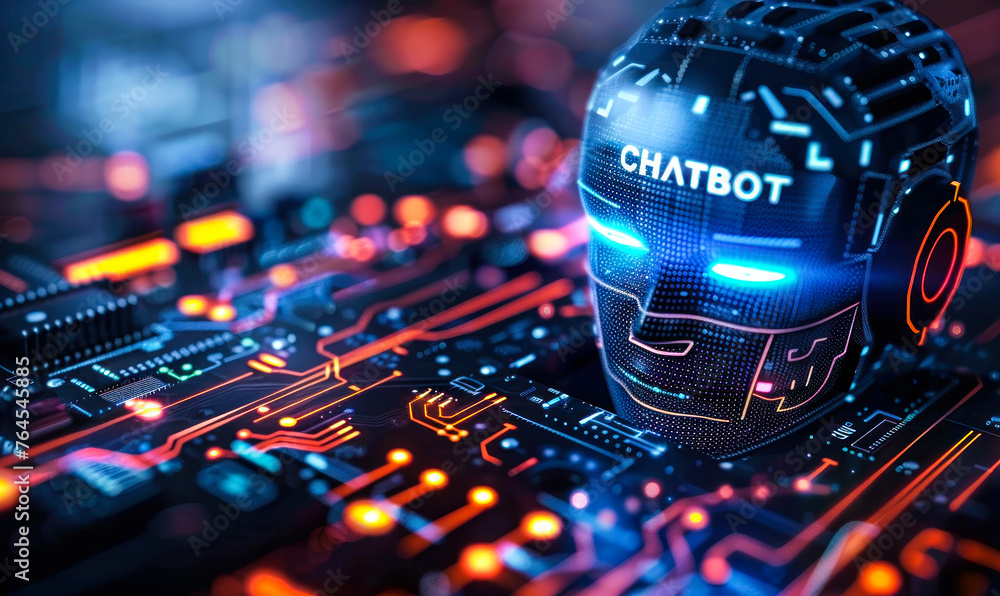 Poster futuristic digital chatbot technology interface with glowing circuit board - ai customer support con