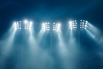 Obraz premium Night sky illuminated by bright spotlights at a sports stadium creating a dramatic and captivating scene. Concept Night Photography, Sports Events, Dramatic Lighting, Stadium Atmosphere