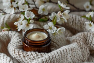 Fototapeta na wymiar Creamy face cream in jar with blooming branches on knitted background 