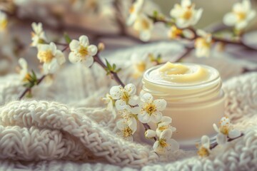 Obraz na płótnie Canvas Creamy face cream in jar with blooming branches on knitted background 