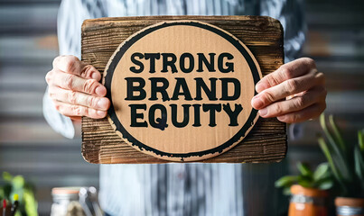 Close-Up Hands Holding a Sign with STRONG BRAND EQUITY Message, Concept of Business Value and Marketing