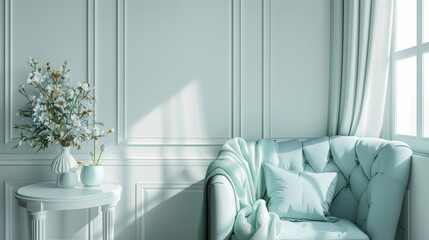 Elegant blue-themed living space with textured couch and delicate flowers on a white table - obrazy, fototapety, plakaty