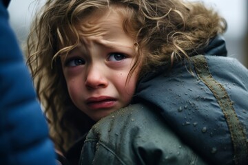 The pained expression of a crying child, while their parent's back is turned to the camera, their presence felt rather than seen